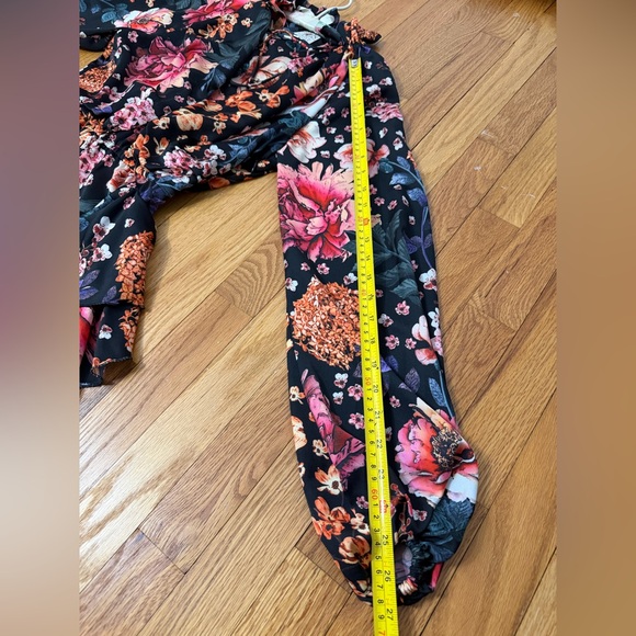 Torn Boston Proper Floral Wrap Mini Dress in Black with Pink & Orange Blooms XS - Picture 11 of 14